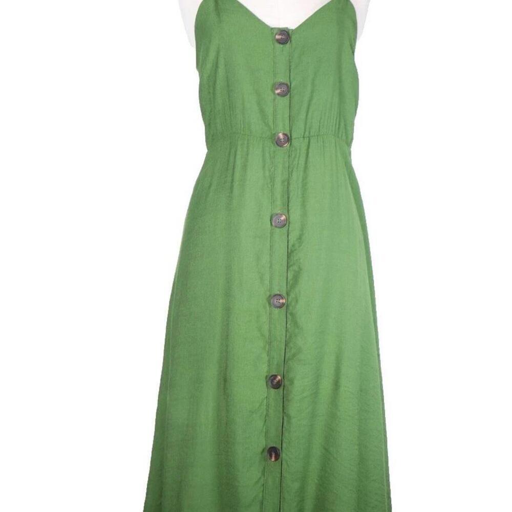 Lush Women Small Green Sundress Strappy Maxi Front Button Back Lace Up Bow Midi